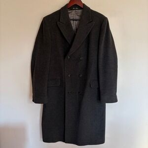 Vintage 80s Made in Britain Cashmere Wool Double Breasted Overcoat Mens 46R Gray